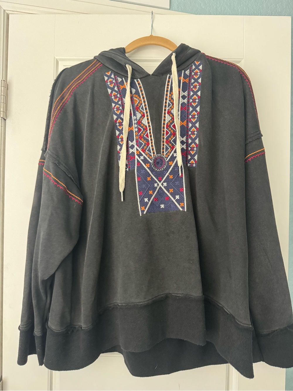 Black Embroidered Pullover Hoodie with Tribal Detail